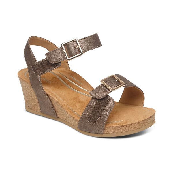 Aetrex Women's Lexa Quarter Strap Wedge Sandals Bronze Sandals UK 2677-701